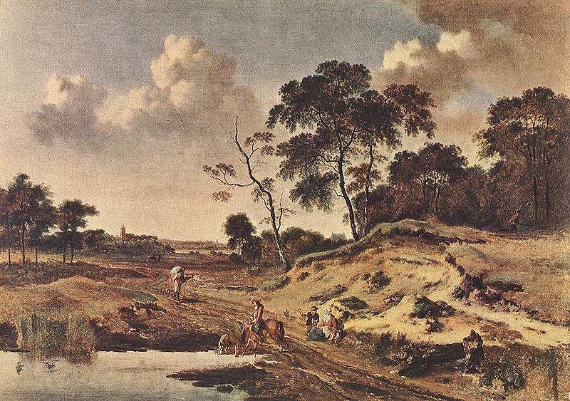 Jan Wijnants Landschap met reizigers op een weg langs een watertje